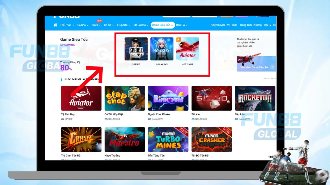 Chọn nhà cung cấp Spribe hoặc Galaxysys trong mục Arcade Game
