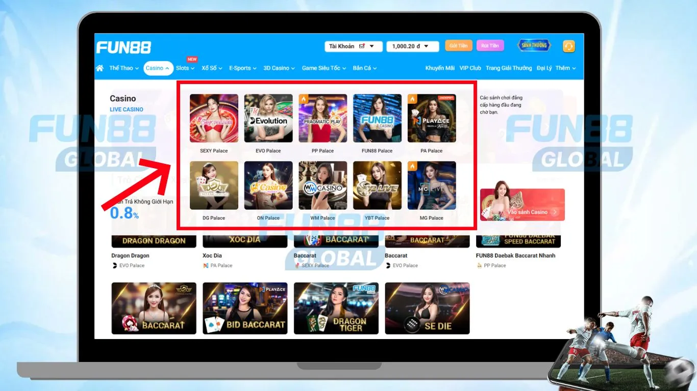 Vào mục Casino trực tuyến Fun88 chọn sảnh live casino bạn yêu thích