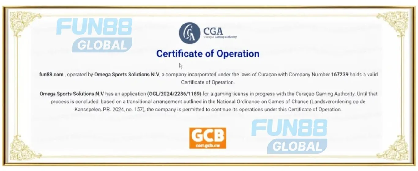 Fun88 được cấp giấy phép bởi GCB