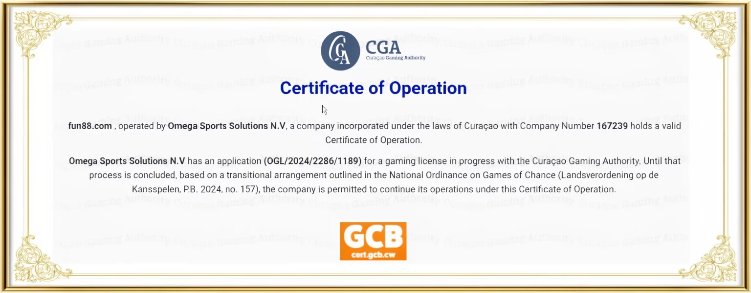 Fun88-Certificate-of-Curacao