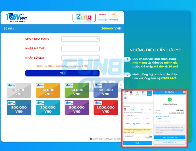 Nạp tiền bằng phương thức thẻ cào tại Fun88