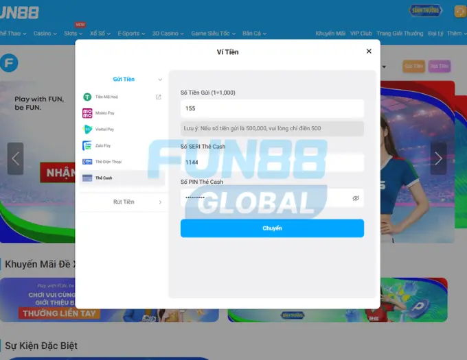 Nạp tiền bằng phương thức thẻ cash tại Fun88
