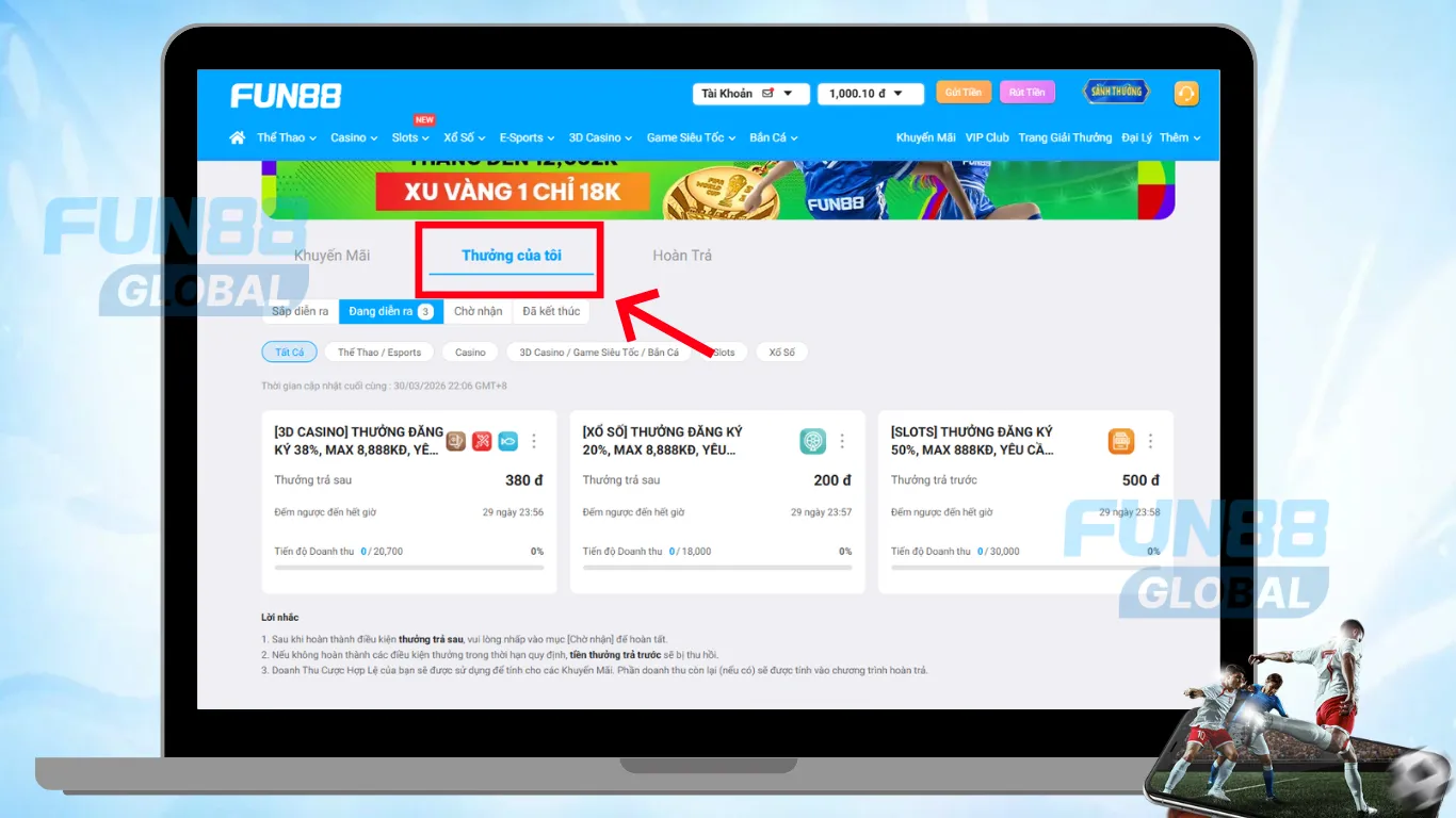 Vào mục 'Thưởng của tôi' để kiểm tra các chương trình khuyến mãi