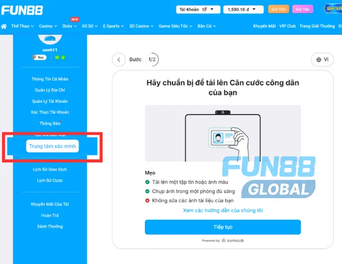 Vào trung tâm xác minh và thực hiện xác minh KYC theo hướng dẫn