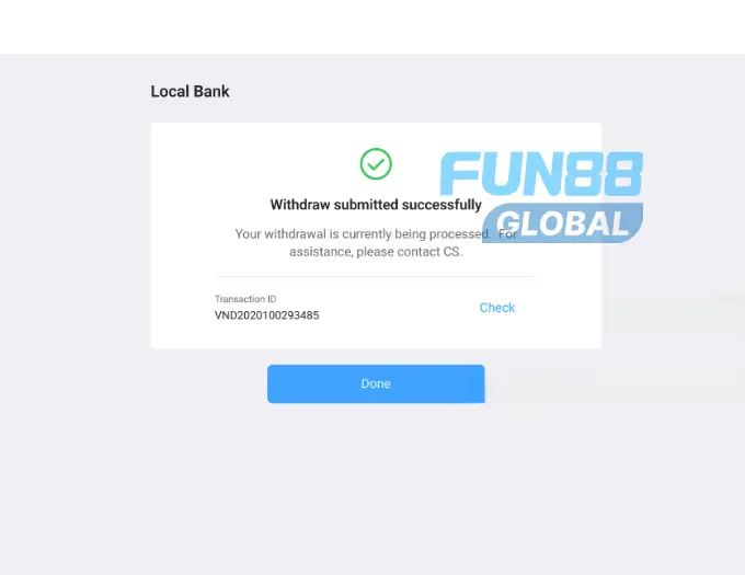 Giao diện gửi yêu cầu rút tiền thành công tại Fun88