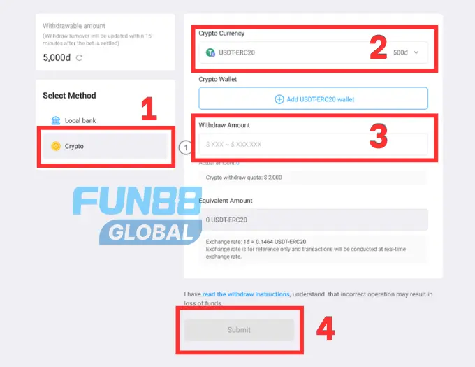Quy trình rút tiền mã hóa tại Fun88