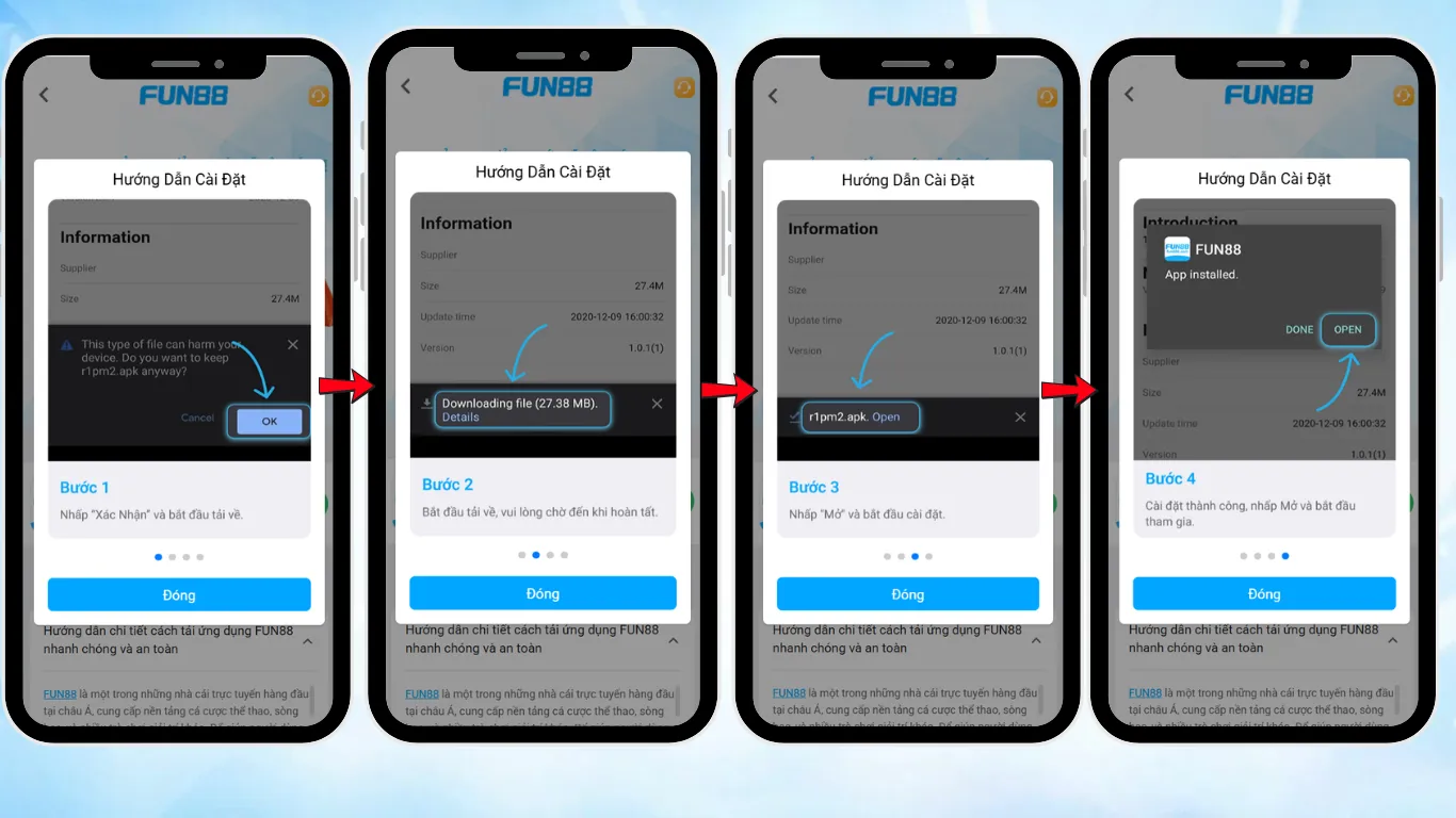 Quy trình cài đặt ứng dụng Fun88 APK trên điện thoại Android.
